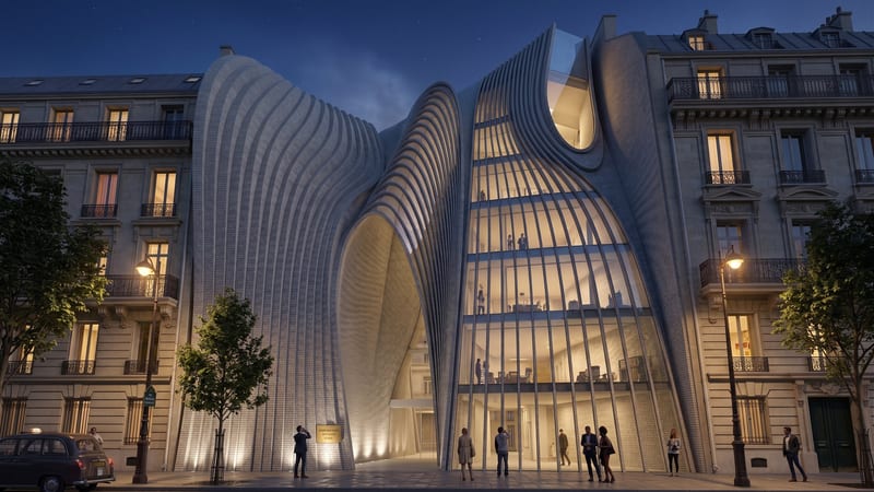 Ambassade d’Iran à Paris conçue par Alireza Rezaie — vue de nuit de la façade paramétrique en brique, entre des immeubles haussmanniens