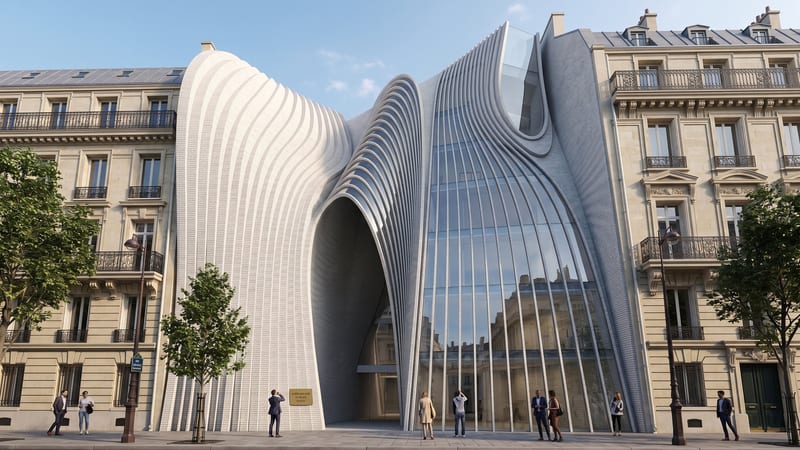 Ambassade d’Iran à Paris conçue par Alireza Rezaie — vue de jour de la façade paramétrique stratifiée et de l’entrée vitrée